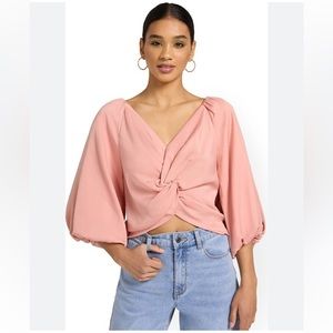 Twist-Front Puff-Sleeve Blouse - Mustard Seed, Size Medium